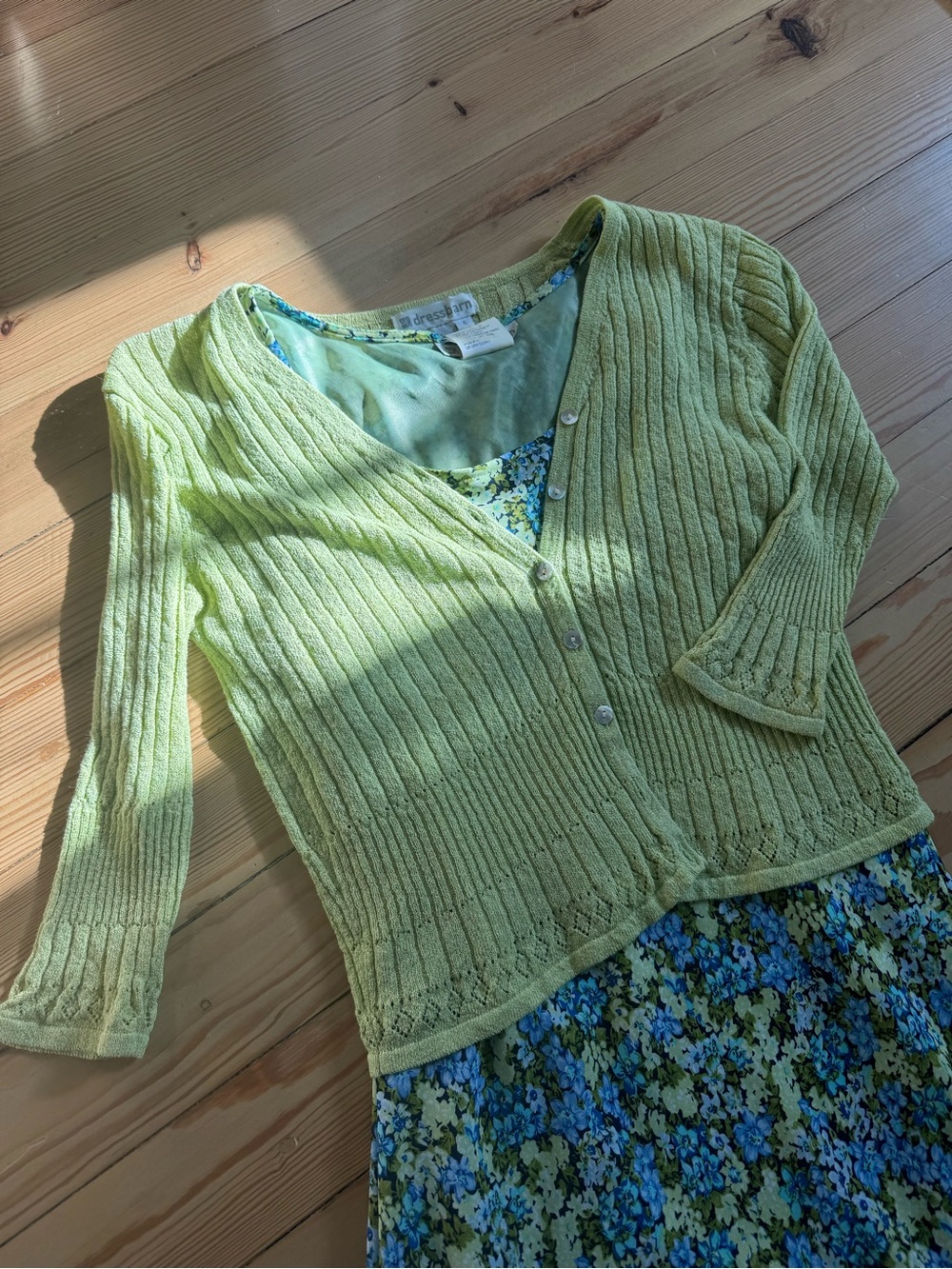 Dress Barn Vintage Light Green Floral Midi Dress with Knit Cardigan - Picture 2 of 2